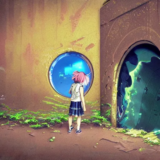 Prompt: a little girl on a dilapidated sidewalk looking through a dirty graffiti wall into a round portal. inside the portal is a beautiful vaporwave cosmic futuristic city, illustration, intricate details, highly detailed, fantasy art style, concept art, intricate details, highly detailed, moebius, studio ghibli, rene magritte