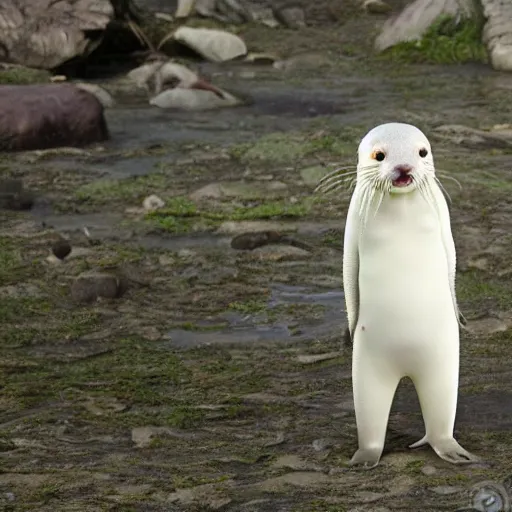 Prompt: bipedal albino amphibious otter seal alien creature with rabbit ears and a fat tail, speculative biology