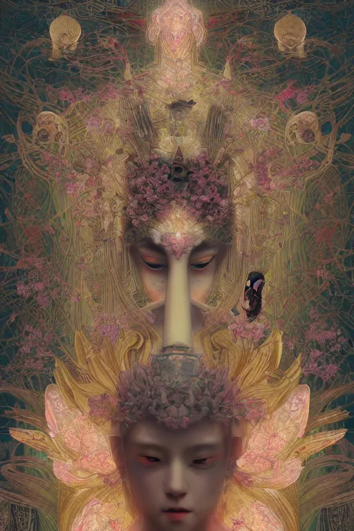 Image similar to portrait breathtaking detailed concept art painting art deco pattern of birds goddesses amalmation flowers head thibetan temple, by hsiao ron cheng, tetsuya ichida, bizarre compositions, tsutomu nihei, exquisite detail, extremely moody lighting, 8 k, art nouveau, old chines painting, art nouveau