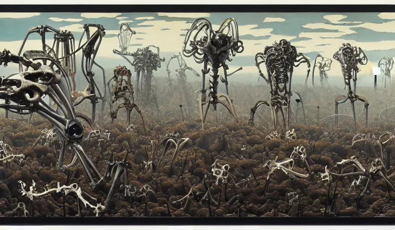 Prompt: still frame from Prometheus by Yves Tanguy and utagawa kuniyoshi, Vast hell plains with resurrecting arcane mycelium biomechanical giger cyborg skeletons in style of Jakub rozalski with character designs by Neri Oxman, metal couture haute couture editorial