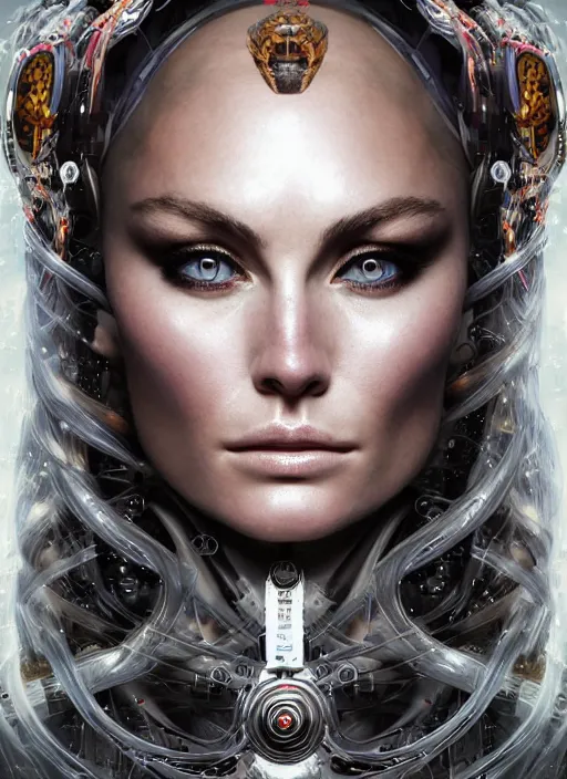 Image similar to high intricate portrait of lindsey vonn as a medusa with cybernetic enhancements, maria panfilova, andrea savchenko, mike kime, ludovic plouffe, qi sheng luo, oliver cook, makoto shinkai, trending on artstation