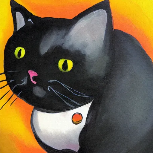 a painting of an adorable sweet fat black cat sleeping | Stable