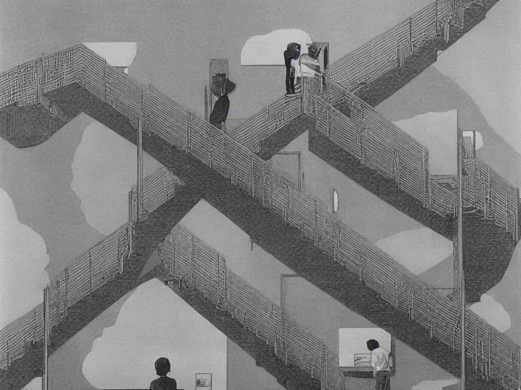 Image similar to lithograph printed in 1976. It depicts a man in an art gallery viewing a print of a seascape. The man's reflection is seen in the print, and the reflection shows the man walking down a staircase. The staircases in the print appear to be infinite, By M. C. Escher, colorized by Hayao Miyazaki