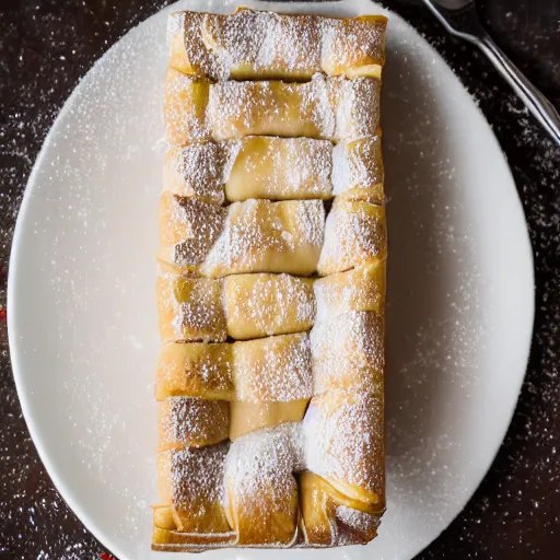 Prompt: strudel with cream, canon eos r 3, f / 1. 4, iso 2 0 0, 1 / 1 6 0 s, 8 k, raw, unedited, symmetrical balance, in - frame,