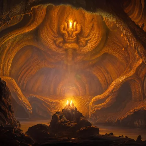 Prompt: A beautiful hyper realistic detailed matte painting of the interior of a cavern with a gold-trimmed statue of Cthulhu in the center, dramatic lighting, dynamic lighting, cinematic lighting, lit by candlelight, by John Howe and Andreas Rocha, unreal engine, featured on artstation, featured on behance, ultrawide angle, f8