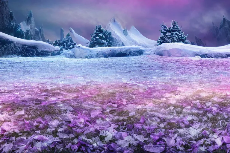 Image similar to perfume bottle buried flowers at a blurred background ice hotspring by peter tarka in the middle of the actic with little white frosted flowers, soft lilac skies, silky smooth, dramatic, mid day, blurry snow mountain background, large scale, wind - swept, lots of detail, realistic lighting, octane render, by wlop, artgerm, trending on artstation