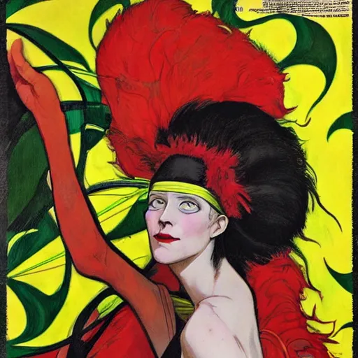 Image similar to art by joshua middleton, the creeper, a tall manically smiling yellow - skinned man with green and black striped cycling shorts and wearing a long red feather boa, mucha, kandinsky, poster, comic art, stylised design