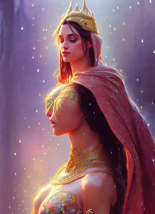 Image similar to an arabian princess standing in the rain crying, shiny, fantasy, intricate, elegant, hyper detailed, ultra definition, photoreal, artstation, unreal engine rendered, concept art, smooth, sharp focus, illustration, art by artgerm and greg rutkowski and alphonse mucha and garis edelweiss