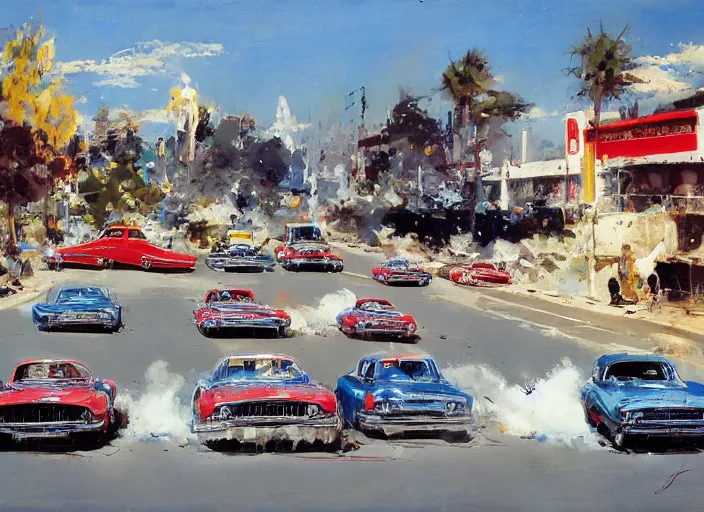 Image similar to 5 hotrods driving down a street , vintage, highly detailed, by John Berkey