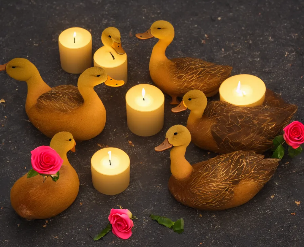 Image similar to two ducks with funny hats on their heads having a romantic dinner with candles champagne petals roses, highly detailed, 8 k ultrahd hd resolution