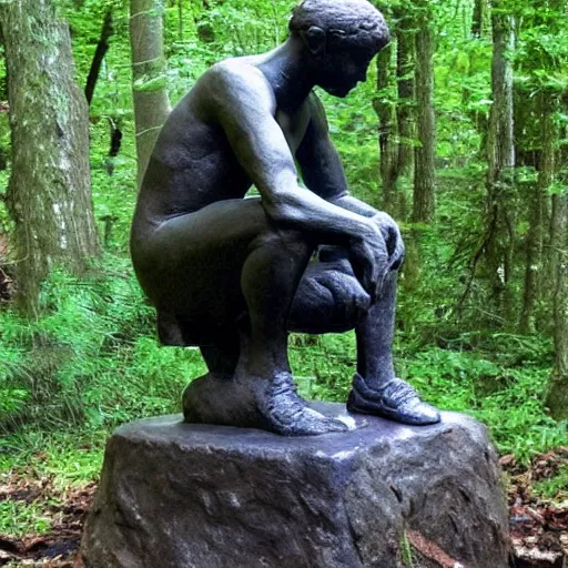 Image similar to The thinker sculpture in the style of William Bartram with mushrooms at the base, slightly buried in the forest