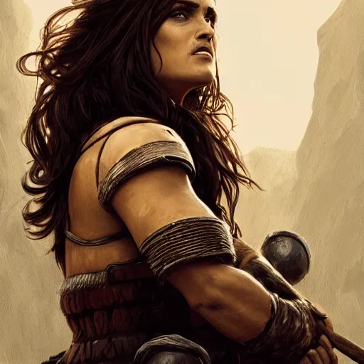 Image similar to portrait, Salma Hayek , barbarian , face portrait, raphael lacoste, eddie mendoza, alex ross, concept art, matte painting, highly detailed, rule of thirds, dynamic lighting, cinematic, detailed, denoised, centred