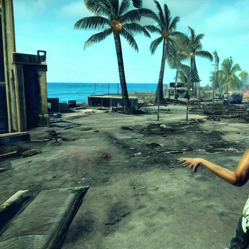 Image similar to Waikiki Beach, Honolulu in ruins post-nuclear war in Fallout 4, in game screenshot