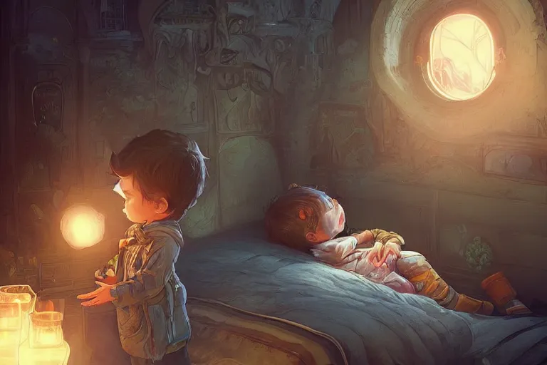 Prompt: a beautiful illustration of a little cute boy doesn't want to sleep, fantasy, intricate, epic lighting, cinematic composition, hyper realistic, 8 k resolution, unreal engine 5, by artgerm, tooth wu, dan mumford, beeple, wlop, rossdraws, james jean, marc simonetti, artstation