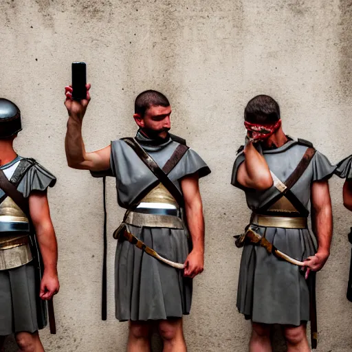 Image similar to photography portrait of a group of roman soldiers holding cell phones, roman empire, leica 1 0 0 mm f 0. 8