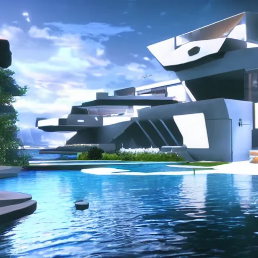 Prompt: video game set inside a beautiful futuristic mansion, mirror's edge, clean, views to the ocean