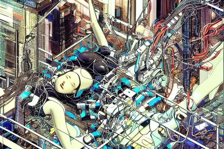 Prompt: an intricate, awe inspiring cyberpunk illustration of a female android body lying open on a labor floor, wires and cables coming out, by masamune shirow and katsuhiro otomo ((colorful)) (((super coherent)))