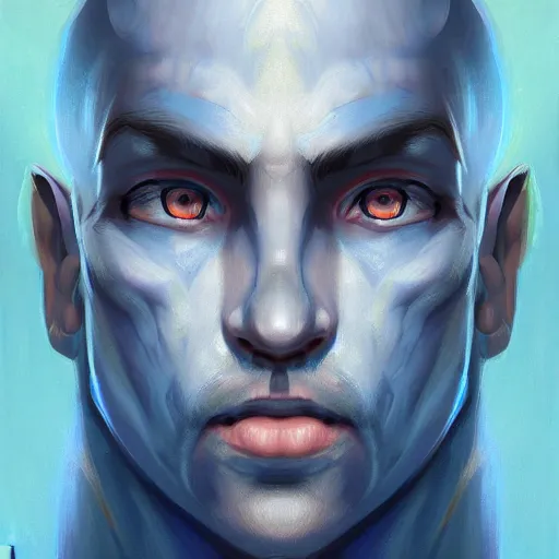 Prompt: head-on symmetrical centered painted portrait, a blue-skinned man in his twenties as a D&D wizard, fantasy, intricate, elegant, highly detailed, digital painting, smooth, sharp focus, illustration, artstation, in the style of Artgerm and Anna Podedworna and Alex Ross