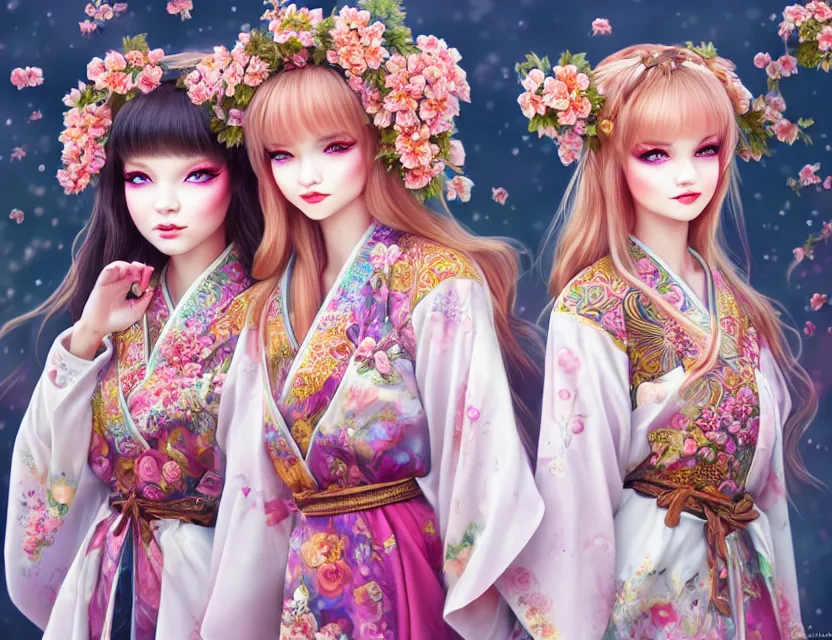 Image similar to two beautiful fashion siberian girls wear fantasy kimono in festival | | big eyes, sunny, dreamlike art, realistic shaded, smile, good looking, hyper details, 4 k realistic, cryengine, realistic shaded lighting poster by artgerm, ross tran, fuji choko, loish, 8 k resolution, trending on artstation, luxury