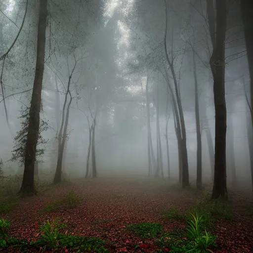 Image similar to surreal magical aura forest with fog, wisps and gloomy lightning