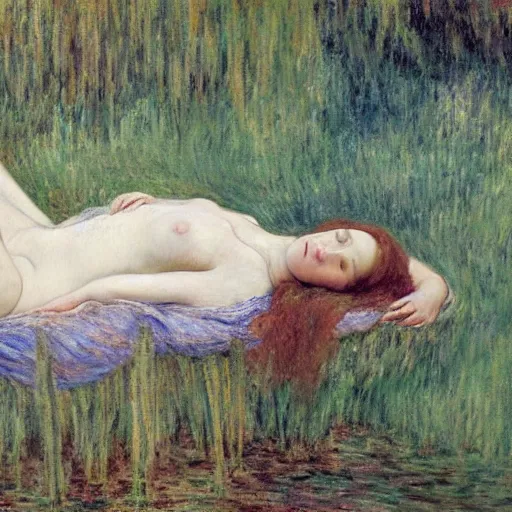 Image similar to breathtaking masterpiece of art, elizabeth eleanor siddall as ophelia laying down in water floating down the river amongst the reeds fully covered in robes fully clothed in flowing medieval robes by rosetti and monet, 8 k