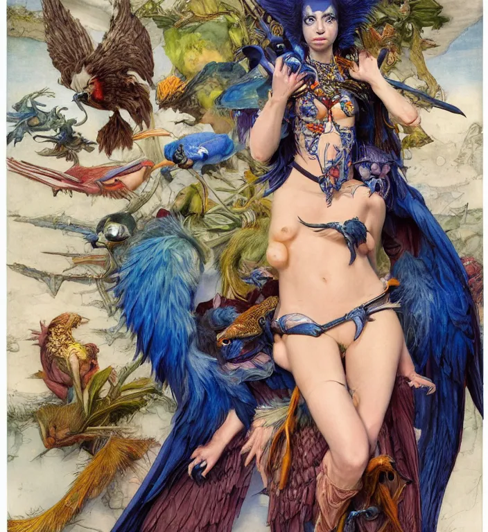 Prompt: a portrait photograph of a meditating fierce krysten ritter as a colorful harpy bird super hero with blue skin. she has many skin grafts and cyborg body modifications. by donato giancola, hans holbein, walton ford, gaston bussiere, peter mohrbacher and brian froud. 8 k, cgsociety, fashion editorial