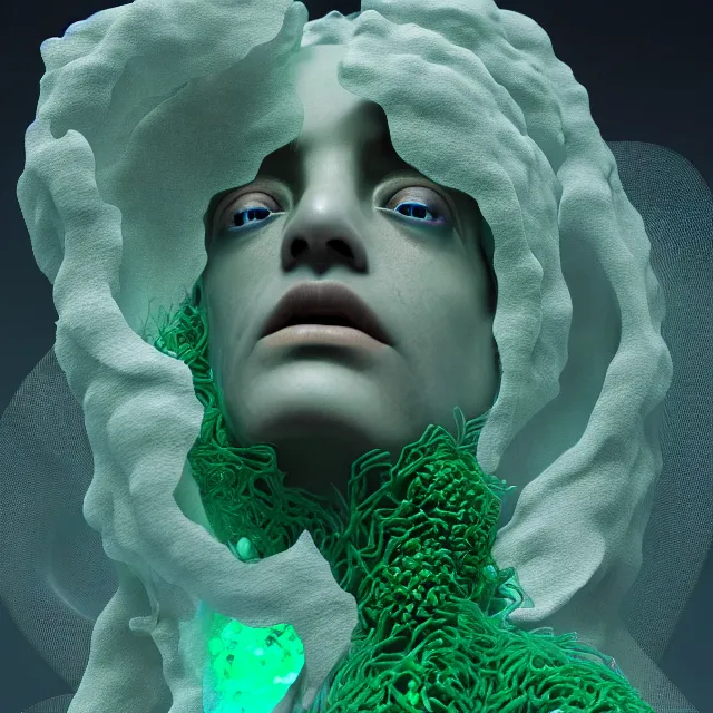 Prompt: a striking! render of ethereal beings made of gauze, emerald, and smoky gray quartz, new age artwork, octane, houdini, 8 k, cgsociety, intricately detailed, wyrd, eerie, liminal, romanesque broccoli