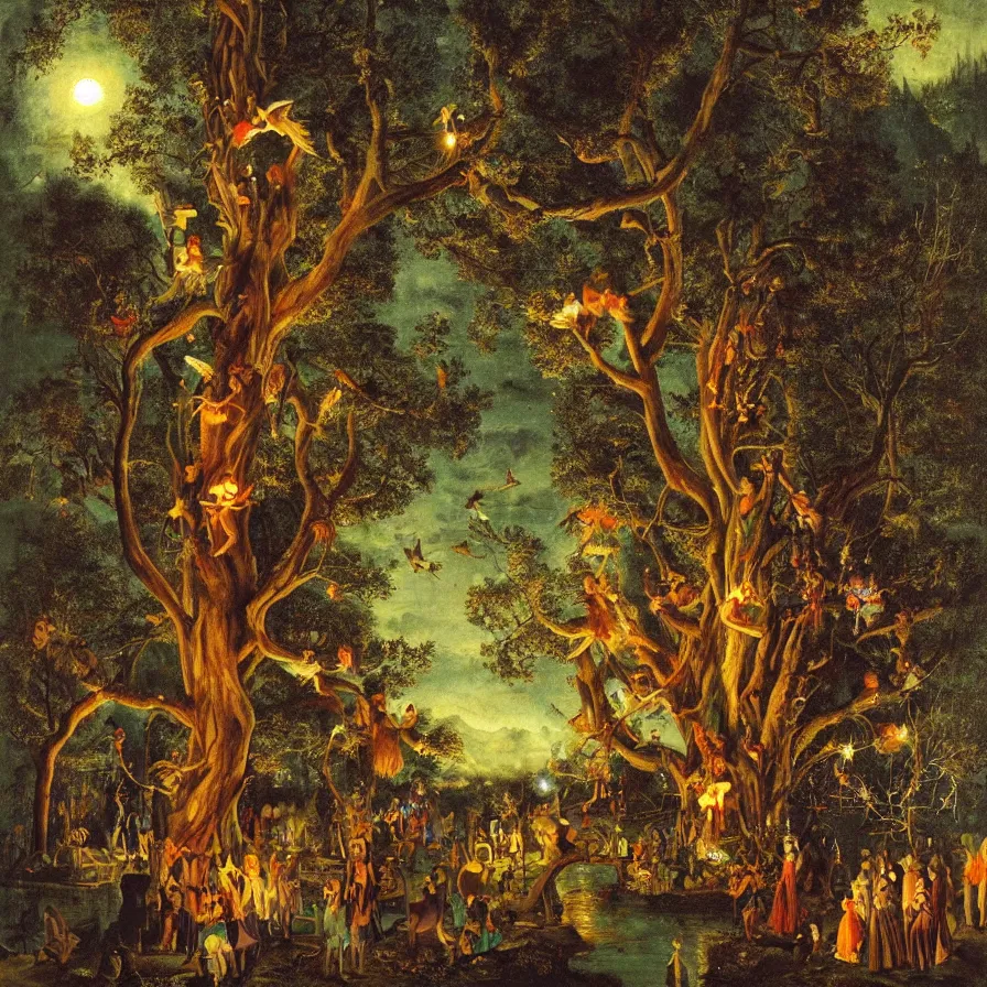 Prompt: a night carnival around a magical tree cavity, with a surreal orange moonlight and fireworks in the background, next to a lake with iridiscent water, christmas lights, folklore animals and people disguised as fantastic creatures in a magical forest by summer night, masterpiece painted by philipp veit, dark night environment