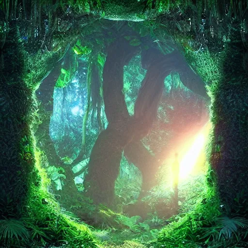 Prompt: active stargate water portal to another dimension inside a beautiful tree in a densely overgrown jungle, fantasy, dreamlike sunrise volumetric lighting, ultra realistic, atmospheric, stopped in time, epic