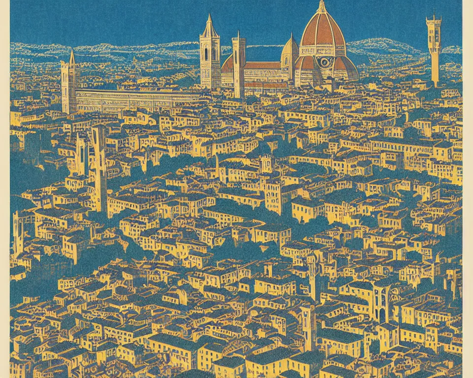 Prompt: resplendent, gilded art deco print of Florence, Italy by Hasui Kawase and Lyonel Feininger