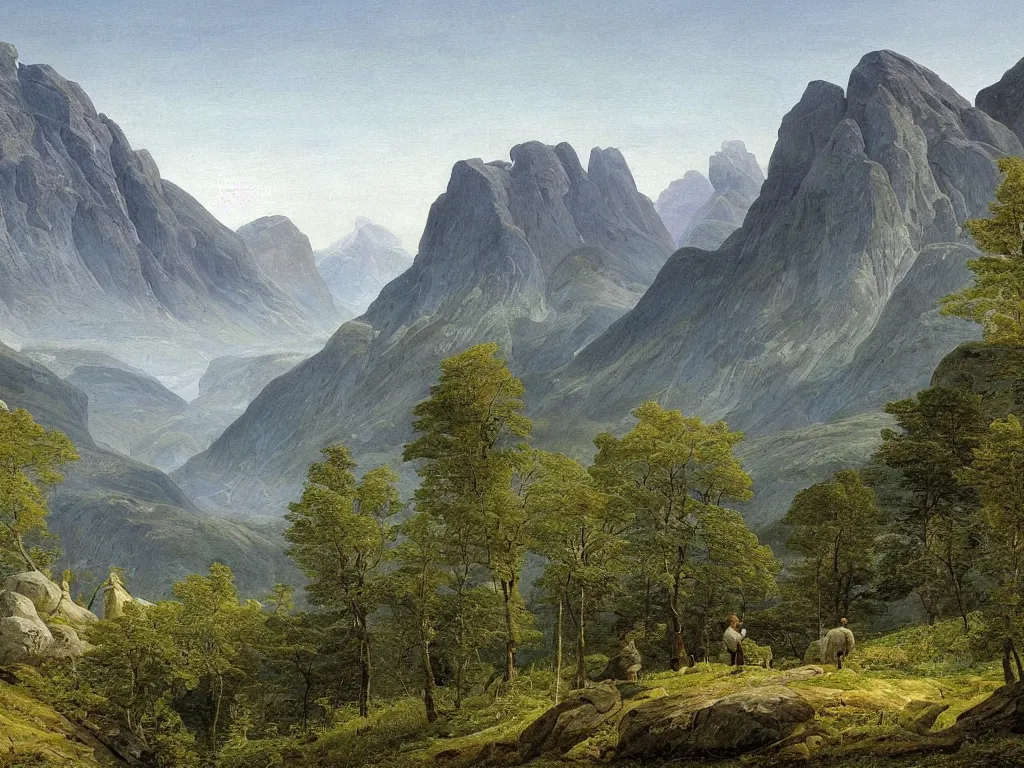 Prompt: a painting of a majestic mountainous landscape of norway in summer by caspar david friedrich, high detail,