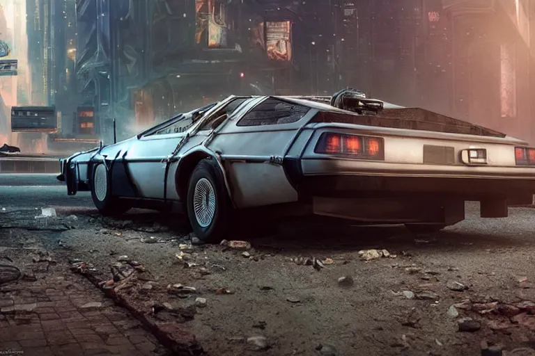 Image similar to highly detailed photorealistic rendering of the delorean from back to the future parked on the streets of a cyberpunk abandoned city, futuristic post - apocalyptic vibe, by greg rutkowski and stanley artgerm and alphonse mucha, octane, sharp focus, hyperrealistic, unreal engine 5, vray, masterpiece