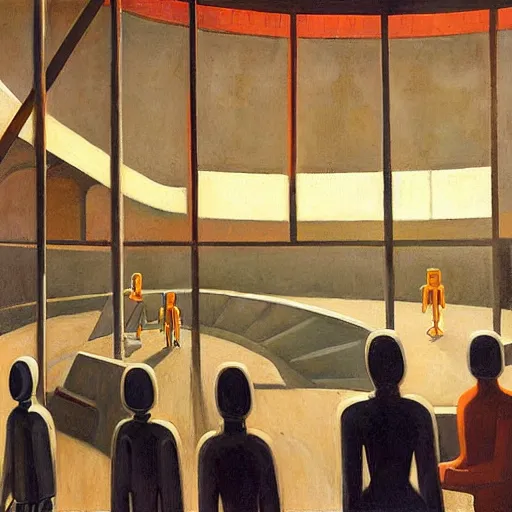 Prompt: brutalist robots queue inside a dome, pj crook, grant wood, edward hopper, syd mead, chiaroscuro, oil on canvas