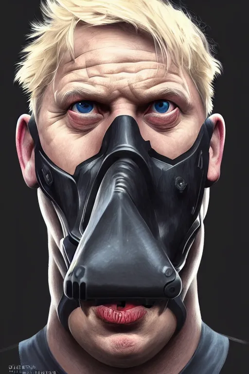 Image similar to Boris Johnson as a Bane from Dark Knight, Boris Johnson hairstyle, realistic portrait, symmetrical, highly detailed, digital painting, artstation, concept art, smooth, sharp focus, illustration, cinematic lighting, art by artgerm and greg rutkowski and alphonse mucha