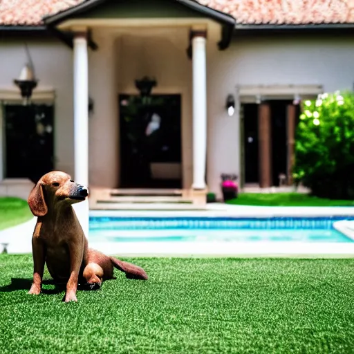 Image similar to a very detailed photo of a dog smoking a cigar outside the mansion by the pool