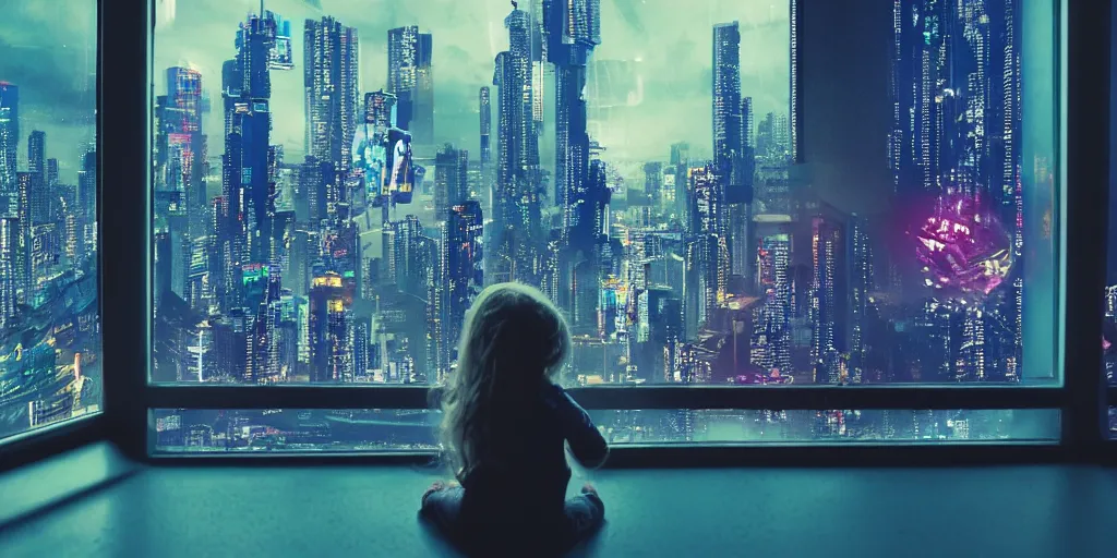 Image similar to overlooking on night city cyberpunk from floor to ceiling window, one little girl, beautiful hair at the back, looking out the window, liminal, cinematic, dreamscape