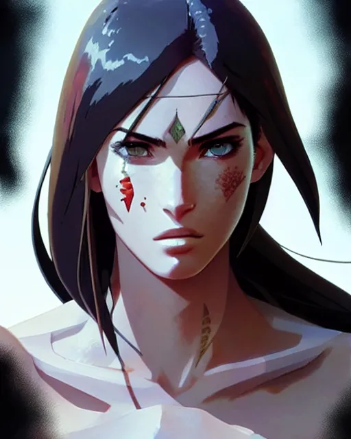 Image similar to azctec warrior, megan fox, high quality, detailed perfect face, exquisite details, fire magic, by studio muti, greg rutkowski makoto shinkai takashi takeuchi studio ghibli