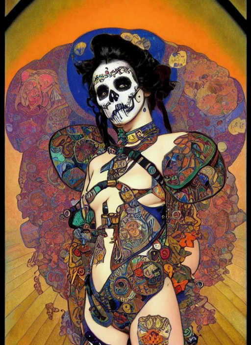 Prompt: cute punk goth fashion fractal Día de los Muertos tattooed girl posing in a astronaut suit, psychedelic poster art of by Victor Moscoso Rick Griffin Alphonse Mucha Gustav Klimt Ayami Kojima Amano Charlie Bowater, masterpiece