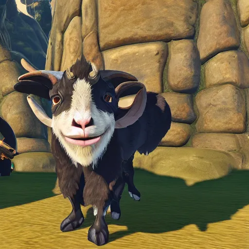 Prompt: an anthropomorphic black goat in breath of the wild, screenshot