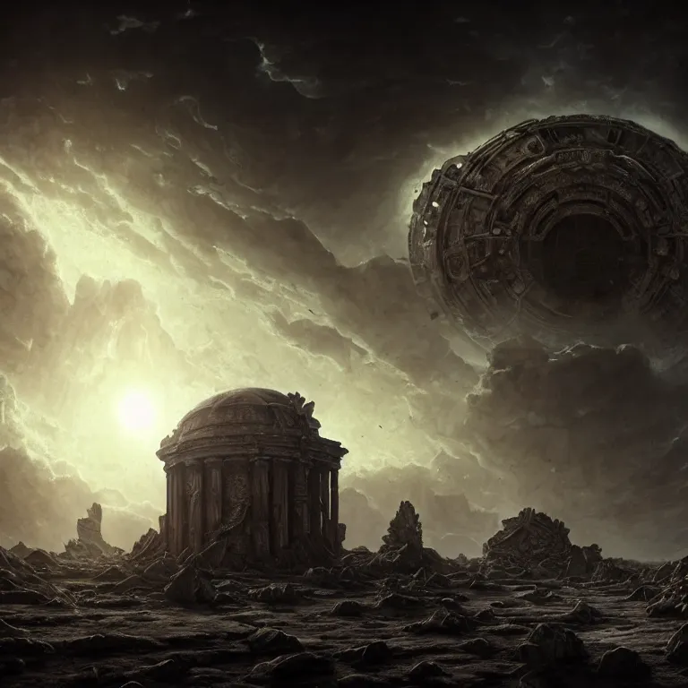 Image similar to surreal ancient alien abandoned temple on exoplanet, wrecked technology, dark clouds, surreal abandoned buildings, dream-like heavy atmosphere, baroque painting, beautiful detailed intricate insanely detailed octane render trending on Artstation, 8K artistic photography, photorealistic, dramatic volumetric cinematic light, chiaroscuro, Raphael, Caravaggio, Beksinski, Giger