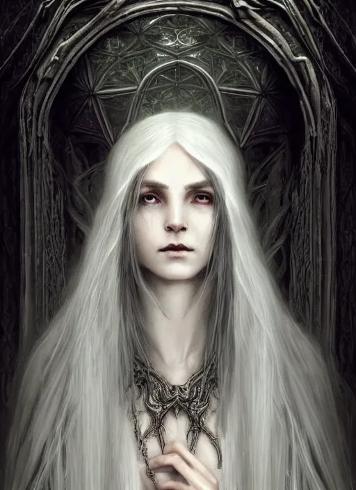 Image similar to immortal majestic elven sorceress wearing a cloak, long beautiful strands of pale white hair, engraving, concept art, elden ring, illustration, smooth, sharp focus, by gustave dore and greg rutkowski, hyper realistic face, piercing beautiful eyes, fantasy art, in the style of midjourney, intricate, alphonse mucha, hyper detailed