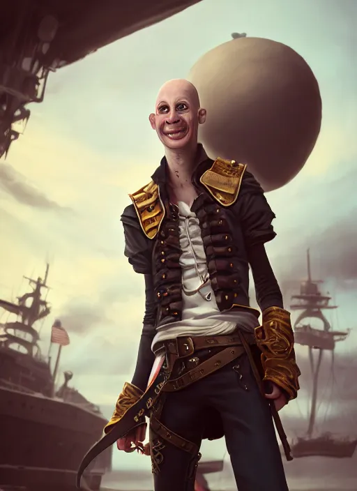 Image similar to An epic fantasy comic book style portrait painting of a skinny white bald sky-pirate with a goofy expression sitting in front of a ship's cannon, unreal 5, DAZ, hyperrealistic, octane render, cosplay, RPG portrait, dynamic lighting