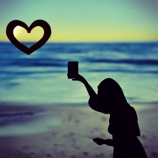 Image similar to “a silhouette of a woman on a beach taking a selfie with lots of hearts in the air photorealistic ”