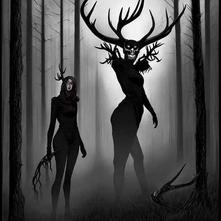 Image similar to style artgerm, joshua middleton, artgerm, rafael albuquerque : : scary wendigo with antlers and skull face mixed with werewolf : : [ [ beautiful witch wearing a black dress, symmetrical face, on the right side ] ] : : in the forest, detailed, dark and foggy, cinematic lighting