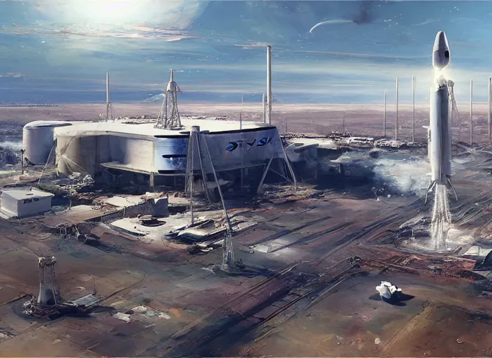 Prompt: SpaceX Big Base, concept art oil painting by Jama Jurabaev and John Berkey, extremely detailed, brush hard, artstation