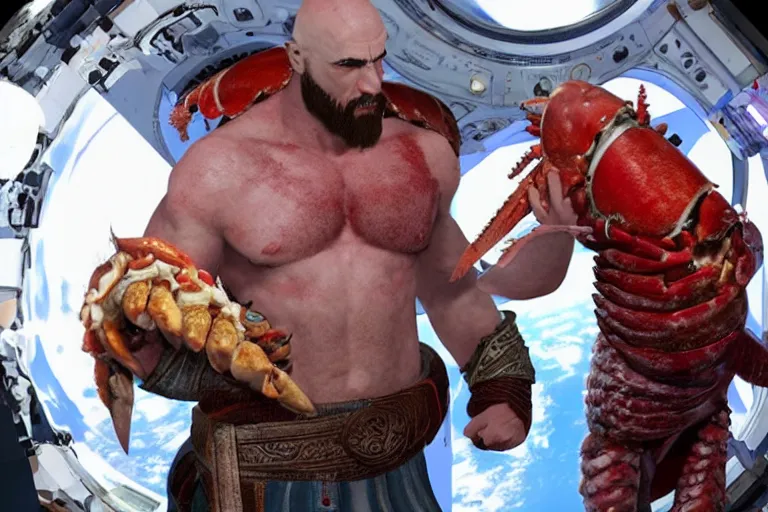 Prompt: kratos from the god of war videogame eating a whole lobster in the international space station