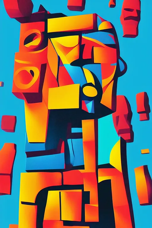 Image similar to cubist moai statue cutout digital illustration cartoon colorful beeple