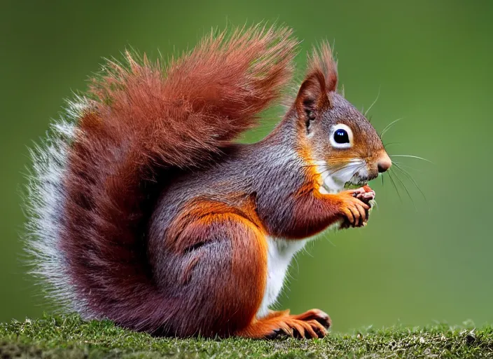 Prompt: red squirrel on a lawn, nature photography, wildlife photography canon, sony, nikon, olympus, 4 k, hd, telephoto, award winning, depth of field