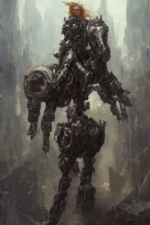 Image similar to portrait full body girl metal cyborg armor and metal horse by gaston bussiere, anna nikonova aka newmilky, greg rutkowski, yoji shinkawa, yoshitaka amano, tsutomu nihei, donato giancola, geoffroy thoorens, concept art, trending on artstation, featured on pixiv