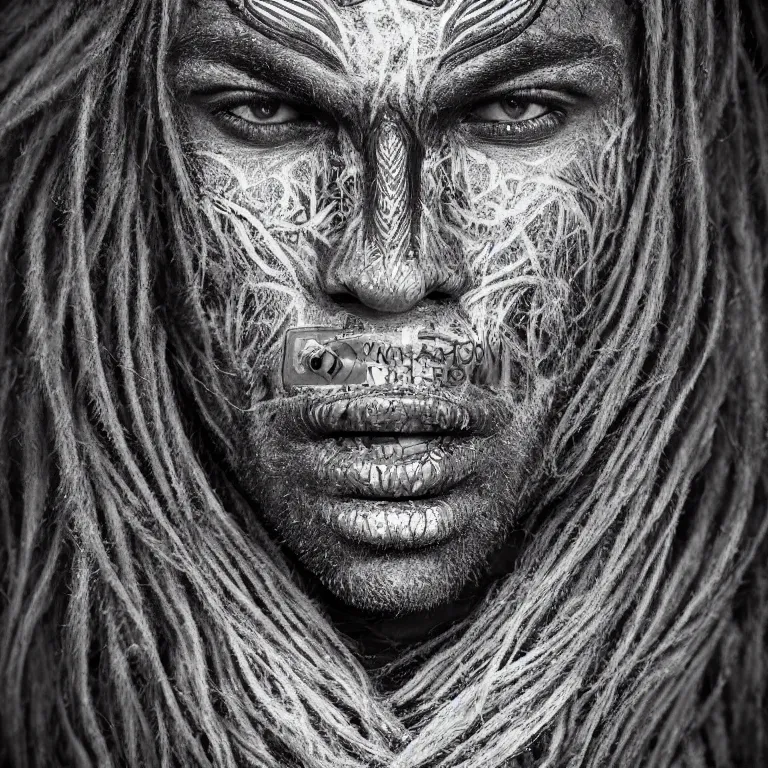 Image similar to surreal spinal ribbed tribal exotic organic face portrait of a beautiful aboriginal man, beautiful detailed intricate insanely detailed BW 3D render digital art, octane render, 8K artistic photography, photorealistic